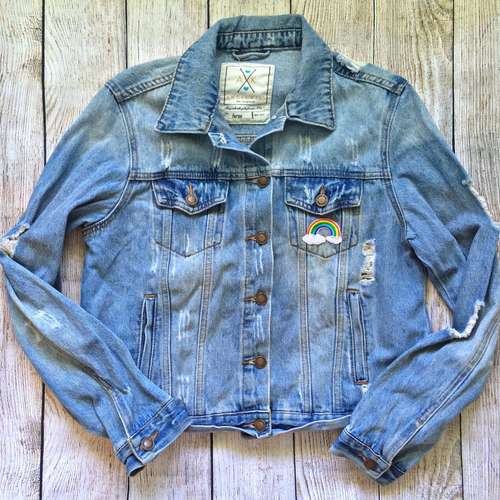 🌈 Distressed Jean Jacket Rainbow Vibes Light Wash